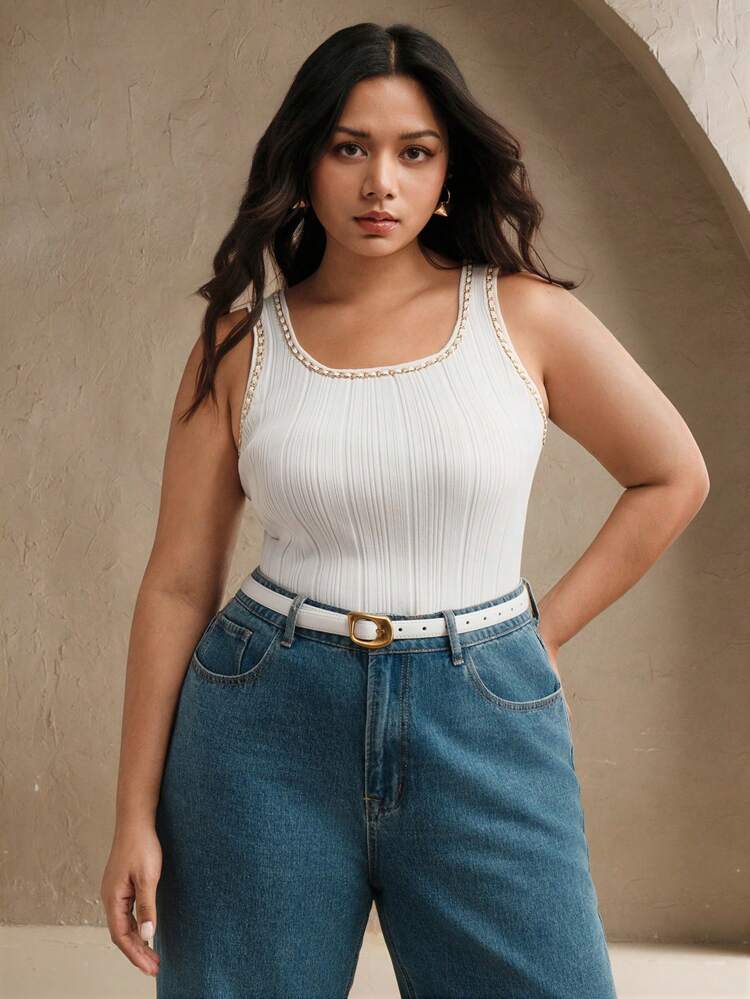Débardeur court blanc polyvalent et traçable en métal pour femmes grandes tailles, convient pour l'été, les tenues décontractées, les vacances, la plage, l'élégance