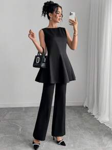 Modelyn Ensemble de 2 pièces top et pantalon de couleur unie élégant pour les déplacements avec ceinture taille - Noir - Voir 3