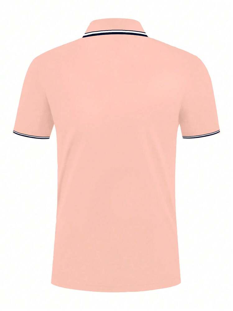 Manfinity Dauomo Men Light Pink Button-Up Collar Polo Shirt With Shield Print - Baby Pink - View 2