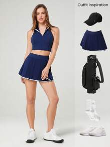 GLOWMODE Endorphin Flow Quick-Dry Polo Collar Contrast Color Top Low Impact Tennis Golf Pickleball Daily Wear Removable Cups - Dark Blue - View 6