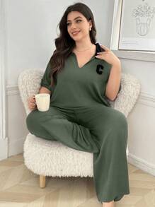 拼色领字母刺绣宽松休闲短袖长裤睡衣套装，加大码