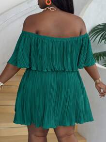 Slaydiva Off-Shoulder Ruffled Neckline Loose Green Dress In Pleated Fabric - Mint Blue - View 2