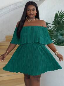 Slaydiva Off-Shoulder Ruffled Neckline Loose Green Dress In Pleated Fabric - Mint Blue - View 4