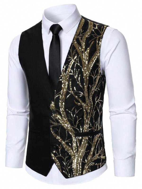 Manfinity Bizformal Chaleco con lentejuelas brillantes y con brillo para hombre, para ocasiones formales y actuaciones