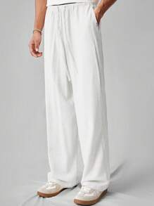 SWAVVY Men's Casual Woven Solid Color Straight Fit Pants, Linen-Like Texture, Everyday Style, School, Fall,Linen