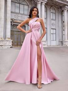 Aureia 优雅、浪漫、端庄、春夏、粉色、缎面、亮片拼接、不对称领口连衣裙、适合度假、婚礼宾客、舞会、正式晚宴礼服、派对礼服、晚礼服、长袍