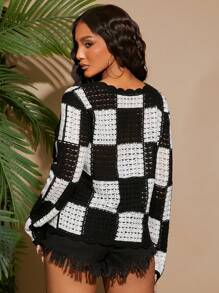 SHEIN SXY Áo len cổ tròn hở vai gợi cảm họa tiết ô vuông đen trắng tương phản - Đen và trắng - Xem 2