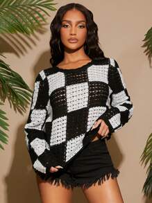 SHEIN SXY Áo len cổ tròn hở vai gợi cảm họa tiết ô vuông đen trắng tương phản - Đen và trắng - Xem 6