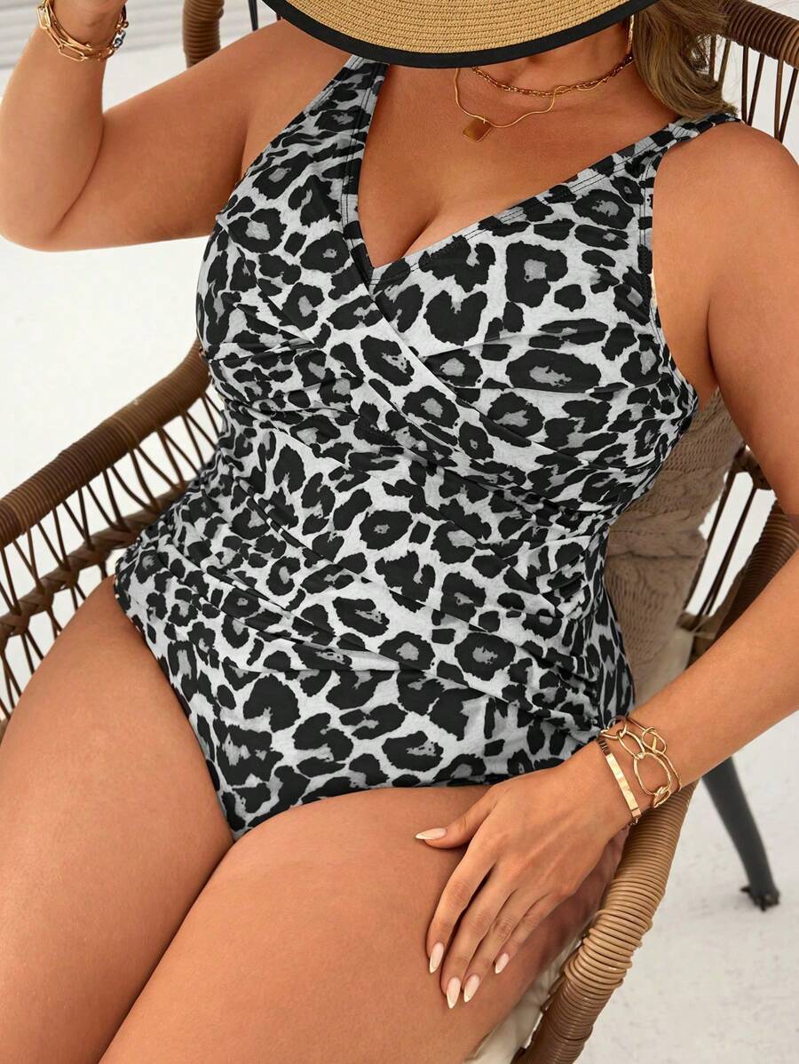 Swim Lushoire 大码女式连体细肩带豹纹修身塑身泳衣，遮盖腹部，高端度假装