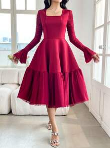 Modelyn Women's Mid-Length Solid Color Long Sleeve Square Neck Dress, Simple And Fashionable, Suitable For Summer - Red - View 2