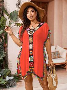 SHEIN Swim Curve Plus Size Crochet Contrast Lace Beachwear Cover Up - Orange - View 5