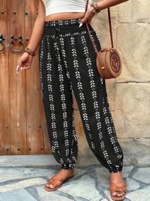 SHEIN LUNE Plus Size Retro Print Elastic Waist Drawstring Casual Vacation Pants Fall Cloth For Women - Black - View 5