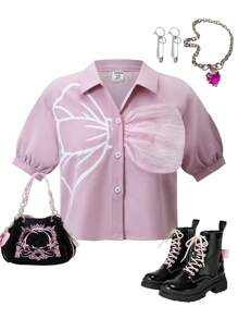 SHEIN Explorewe Tween Girls Front Button Short Sleeve Print Casual Shirt - Dusty Pink - View 5