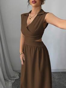 Elenzga 女式卡其色 V 领腰部细节无袖连衣裙 - 咖啡 - 查看 3