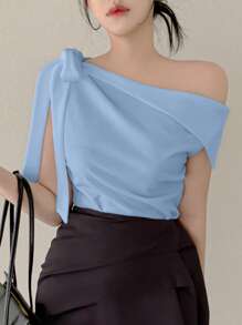 DAZY 女士斜领露肩蝴蝶结优雅休闲都市短袖T恤，返校服 - 淺藍色 - 查看 2