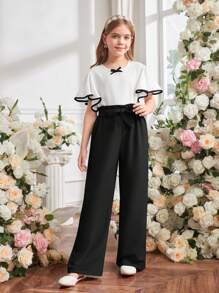 SHEIN Girls Lace Splice Sleeve Bow Textured Bubble Fabric Straight Pants 2pcs Set, Commuter Outfit - Black - View 3