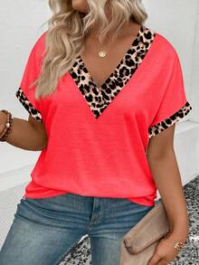 SHEIN Women's Casual Overlapped V-Neck Short Sleeve Turnback Cuff, Rounded Hem Leopard Print Plus Size T-Shirt - Orange - View 3