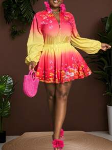 Slaydiva Plus Size Women's Yellow Gradient Floral Print Long Sleeve Shirt & Asymmetric Hem Sun Dress Suit For Vacation, Romantic, Casual, Beach - Multicolor - View 1