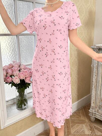 CottageSlumber Bloemen Print Ribbed Relaxed Fit Short Sleeve Hem Rolled Nightgown Babydoll Perfect Moo Bountiful Splendor Cozy Elegante view 4