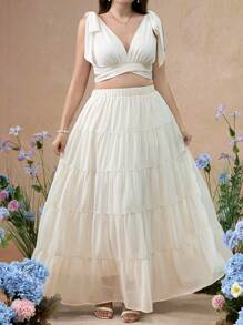 SHEIN Unity Plus Size Vacation Solid Color Camisole Top And Multi-Layer Chiffon Ruffle Skirt Set - Apricot - View 5