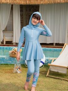 可爱少女椰子树印花分体泳衣套装