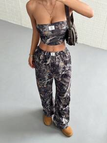 SHEIN PETITE Set da 2 pezzi da donna, top a fascia con stampa di foglie appassite vintage e pantaloni larghi casual, per l'autunno