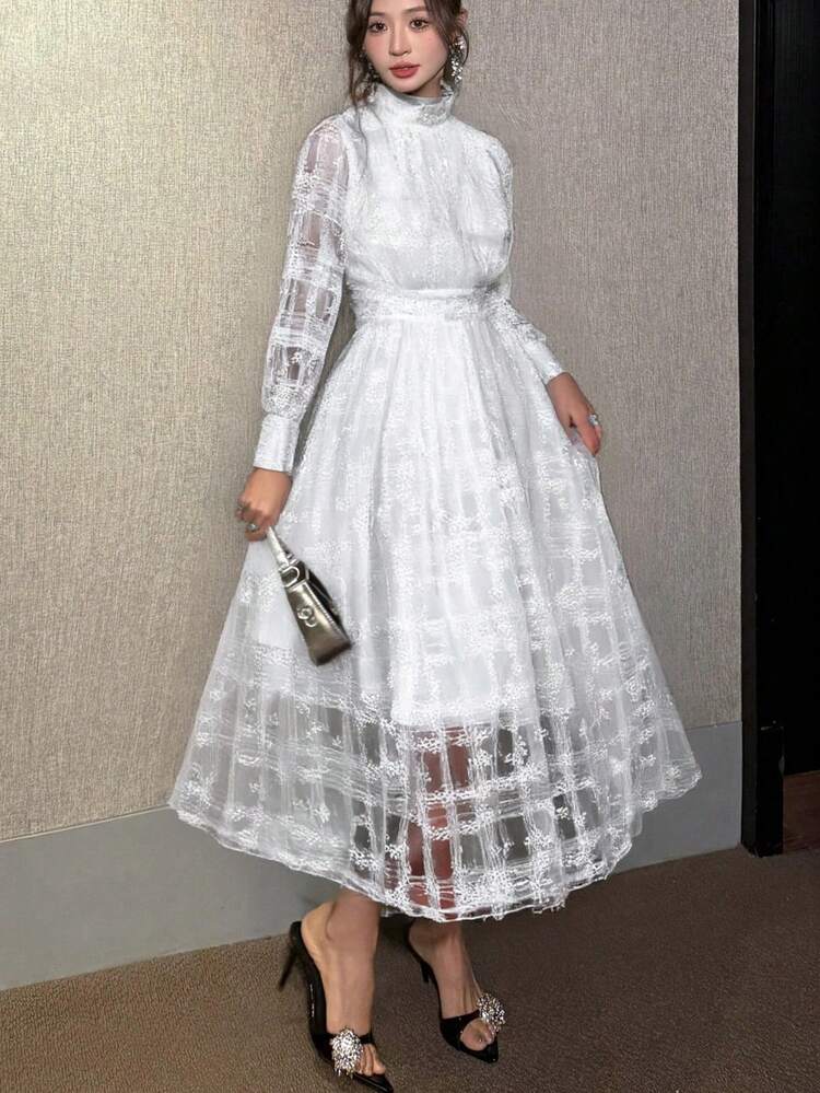 Women's Lace Waist Midi Dress, Minimalist & Stylish, Suitable For Fall Prom Dress Long Sleeve Dress Elegant Women Dresses