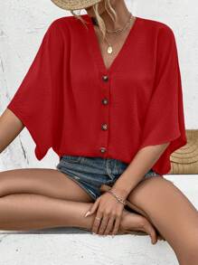 Breezaya Áo sơ mi nữ cổ chữ V tay cánh dơi - Đỏ - Xem 5