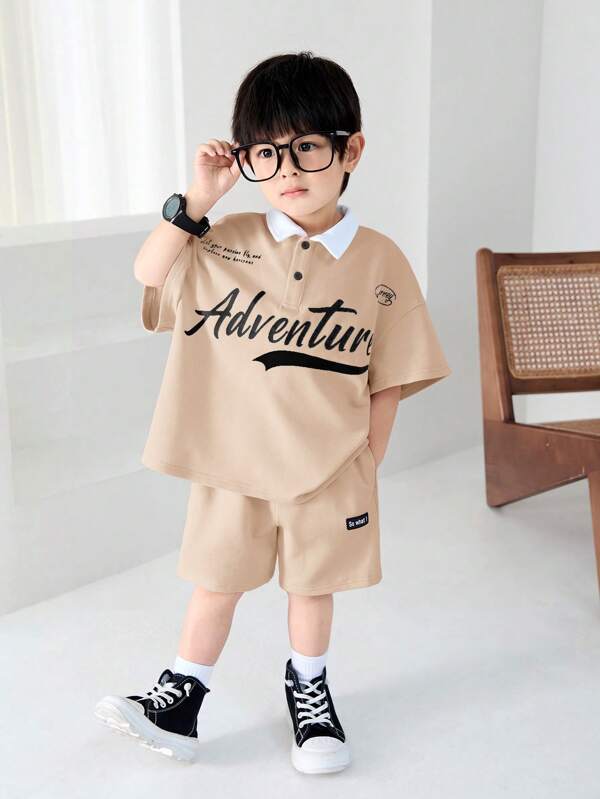 SHEIN 2pcs Baby Boys/Girls Leisure Spring/Summer Korean Style Cute Pink Lettering Polo Collar Tee & Elastic Waist Shorts Set