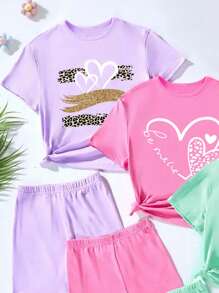 SHEIN 6pcs/Set Tween Girls' Summer Casual Leopard & Colorful Heart Pattern Short Sleeve T-Shirt + Shorts Outfit