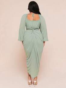 SHEIN BAE 女式加大码优雅派对约会性感闪光亮片垂坠领口褶饰不对称下摆开衩长袖连衣裙，豌豆绿 - 綠色 - 查看 2