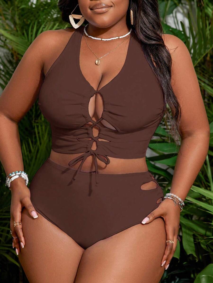 Slaydiva Plus Size Solid Color Spaghetti Strap Tankini Swimsuit With Matching Briefs For Summer Beach Vacation - Brown - View 1
