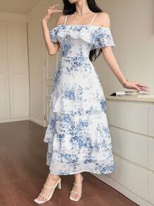 DAZY Vestido de mujer elegante con estampado floral, volantes y dobladillo con volantes, ropa de vuelta al colegio