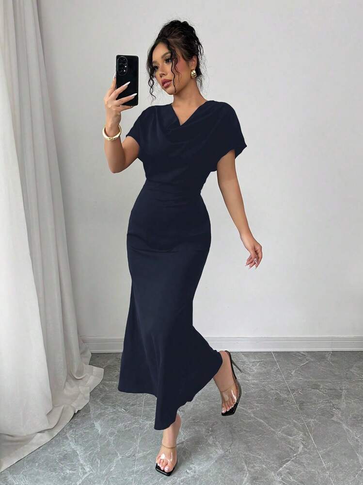 Rafferiza Solid Color Elegant Romantic Plunging Neck Backless Tie Waist Fishtail Dress For Women, Early Spring - Navy Blue - View 1