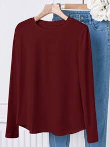 SHEIN LUNE Kaos Lengan Panjang Wanita Warna Polos Kasual Nyaman Serbaguna Modis untuk Musim Gugur - Burgundy - View 4
