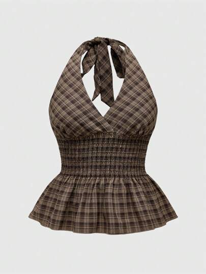 Top de tirantes con pliegues de cuello halter y detalle de cintura ajustada, estilo retro versátil y casual para mujer talla grande