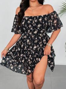 Flirla Vestido de verano de vacaciones con cuello en V con estampado floral, mangas acampanadas con volantes y pliegues - Multicolor - Ver 1