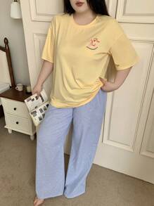 Dazy Plus Conjunto de pijama de talla grande de blusa holgada y pantalones con estampado de dibujos animados, ropa de dormir y de hogar, amarillo mantequilla primavera/verano