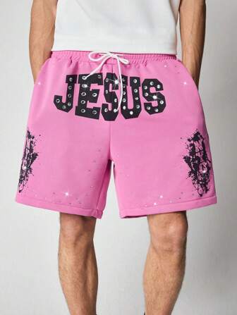 Prep Pantalones cortos casuales de hombre con bolsillo y cordón delantero con estampado de letras