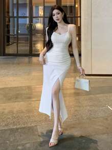 DAZY 女士优雅拼接开衩吊带连衣裙，夏季舞会礼服，优雅吊带裙，婚纱女装 - 白色 - 查看 2