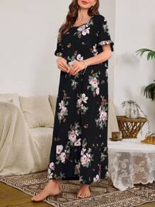 Serenescape Camisón largo con estampado floral y dobladillo con volantes abullonados