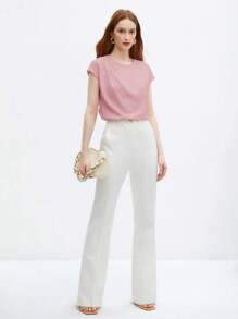 BizChic Women's Solid Color Round Neck Ruffle Decor Loose Cap Sleeve Top, Basic Urban Commute Style, Simple Elegant Fashion Business Casual, Suitable For Teachers And Office Wear