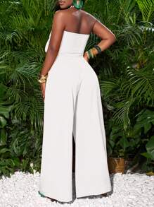 Slaydiva Conjunto de vacaciones para mujer con top bandeau con lazo delantero y pantalones de pierna ancha en color rosa rojo - Blanco - Ver 3