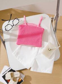2 件套女婴夏季服装，刺绣无袖上衣 + 短裤 - 粉色 - 查看 2