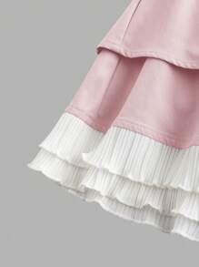 SHEIN Girlism 少女编织纯色交叉绑带分层蛋糕压花边荷叶边下摆短裙，休闲百搭，淑女，甜美酷女孩 - 淺粉色 - 查看 4