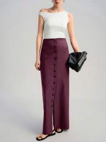 Ontre Women's Four-Season Fig Color Simple Skirt, Elegant Casual Commuter Skirt, Front Button Super Slit Long Skirt