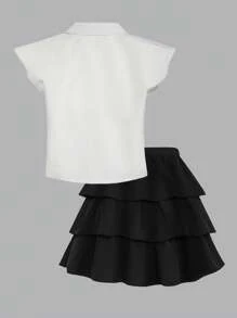SHEIN Explorewe Tween Girls Polo Collar Cap Sleeve Blouse With 3D Bow Ruffle Puff Sleeves Top And French Cake Puff Skirt - White - View 2