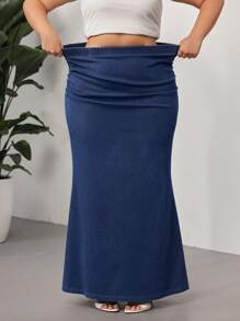 SHEIN CURVE+ Women's Navy Blue Plus Size Skirt High Elastic Denim Long Fishtail Skirt Elegant Old Money Style, Curve Plus, Boho Vacation - Light Wash - View 4