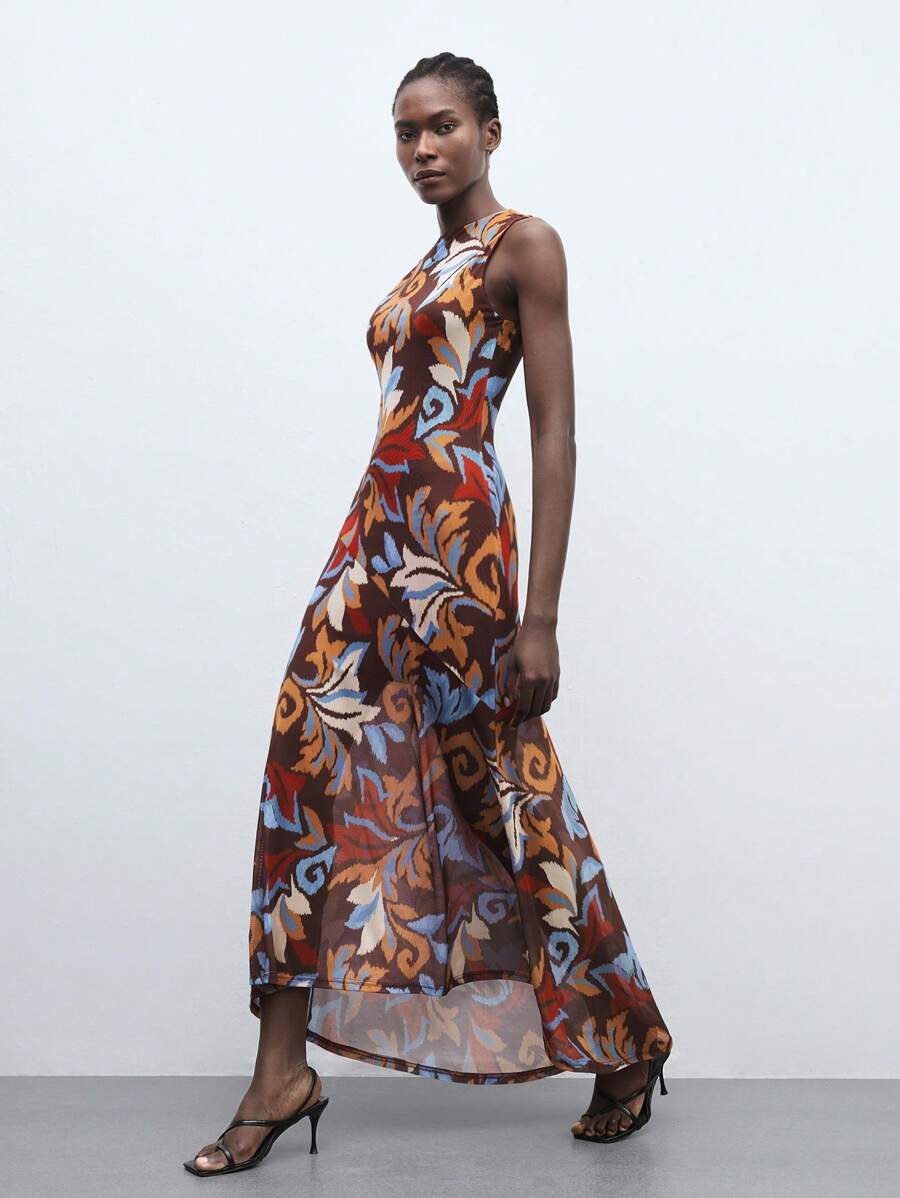 Maija 2025夏季新款碎花连衣裙，百搭风格，适合居家、办公、春季野餐等场合。这款无袖长裙采用网纱荷叶边下摆设计，不规则下摆，尽显现代优雅都市浪漫西部朋克Y2K乡村音乐节复古风情。适合机场旅行、婚礼宾客、生日、万圣节、商务休闲、约会、派对、郊游、返校季等各种场合，冬夏皆宜。 - 酒紅色 - 查看 1