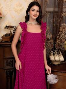 女式宽荷叶边蝴蝶结露背长款睡裙，蝴蝶结，Moo Moo - 玫紅色 - 查看 3